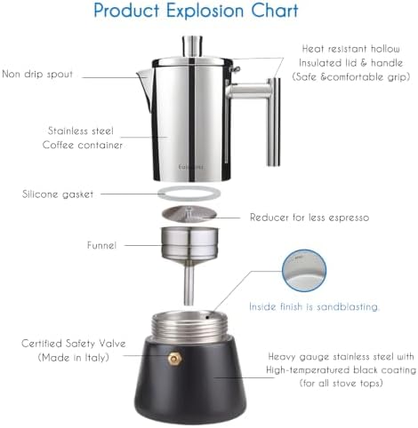 Easyworkz Diego Stovetop Espresso Maker Stainless Steel Italian Coffee Machine Maker 6Cup 10 oz Moka Pot Induction Espresso Pot