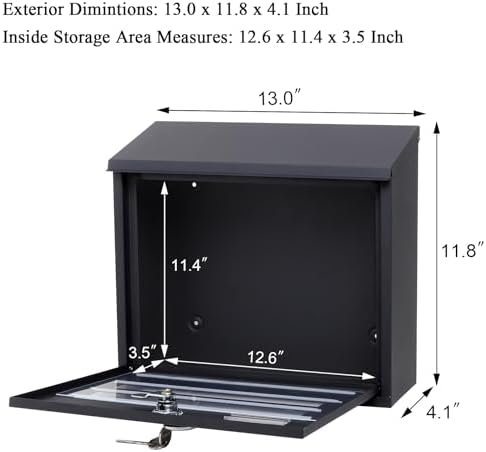 Locking Mailbox Wall Mount for Outside– Jssmst Mailboxes with Key Lock for Front Door Fence, Large Capacity Letter Box, 14.3 x 4.1 x 11.8 Inch, Black, SM-HPB911BN