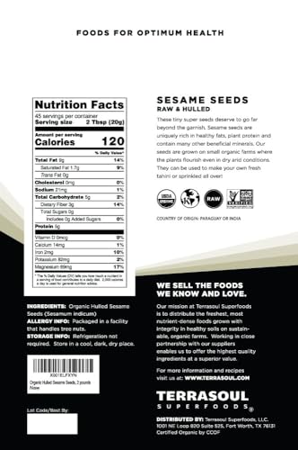 Terrasoul Superfoods Organic Hulled Sesame Seeds, 2 Lbs - Perfect for Tahini | Gluten-free | Raw