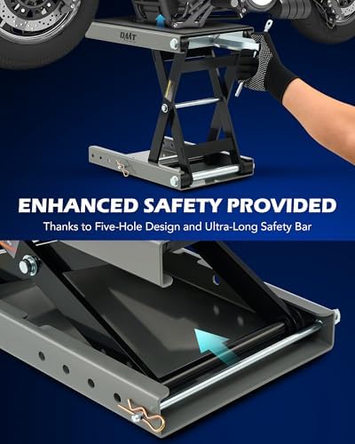 OMT 1100lb Motorcycle Scissor Lift Jack Wide Deck Motorbike Hoist Stand | Center Stand For ATV Dirt Bike Cruiser; T Handle And 3/8 Inch Socket; 3.7 To 14.6 Inch Lift; 5 Locking Holes; Chain Brush