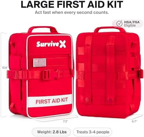 SurviveX Large First Aid Kit, Labeled Pockets, Zip Stitch Wound Closures | Close wounds without stitches, quickly find what you need, first aid emergency kit for car, home, travel, camping, outdoors