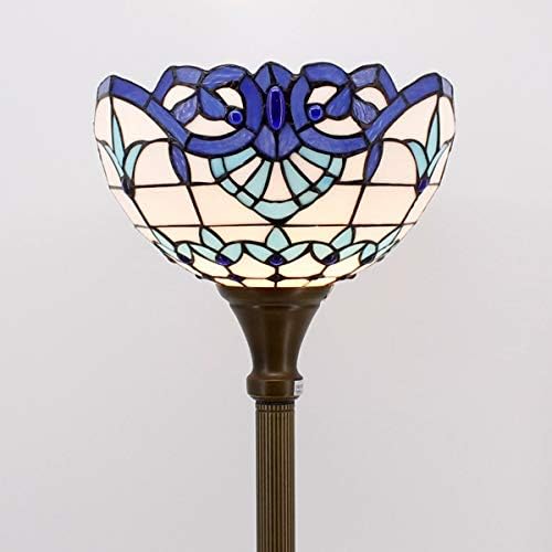 WERFACTORY Tiffany Floor Lamp Navy Baroque Stained Glass Torchiere Light | 12X12X71 Inches Pole Blue Standing Corner Torch Uplight Decor Bedroom