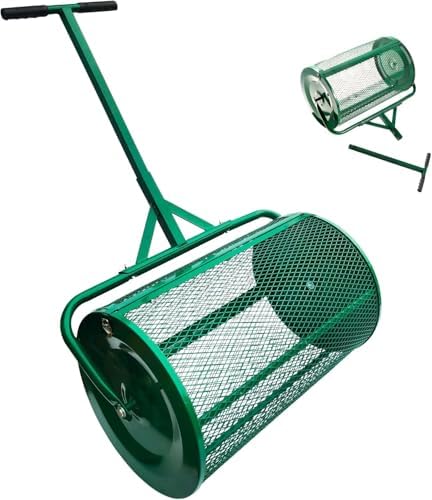 Compost Spreader, 24 Inch Compost and Peat Moss Spreader Roller with T Shaped Handle, Powder-Coated Steel Garden Peat Moss Roller