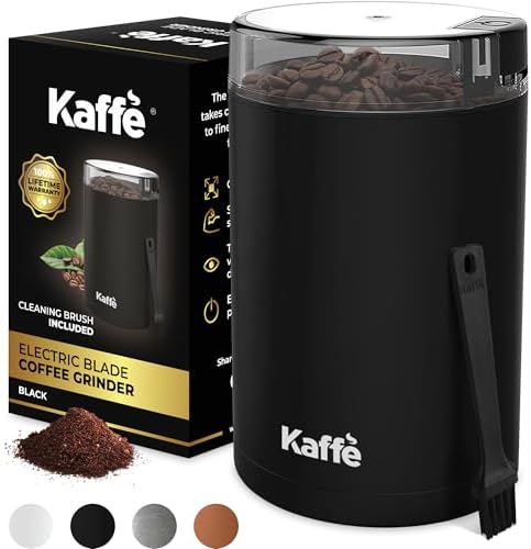 Kaffe One-Touch Coffee Grinder Electric w/Cleaning Brush (3 oz) - Coffee Grinders for Home Use - Up to 12 Cups of Coffee per Grind - Easy On/Off Coffee Bean Grinder - Black