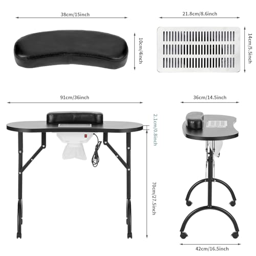 LEIBOU Professional Folding Portable Vented Beauty Manicure Table Nail Desk Salon Spa with Fan &Bag (35''x 16''x 28'') (Black)