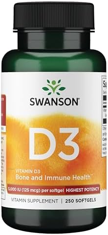 Swanson Vitamin D3 5,000 IU, 125 mcg Cholecalciferol, 250 Softgels | For Sun-Deprived Adults Seeking Bone, Immune, and Heart Support, 125 mcg Cholecalciferol, the Active Vitamin D3