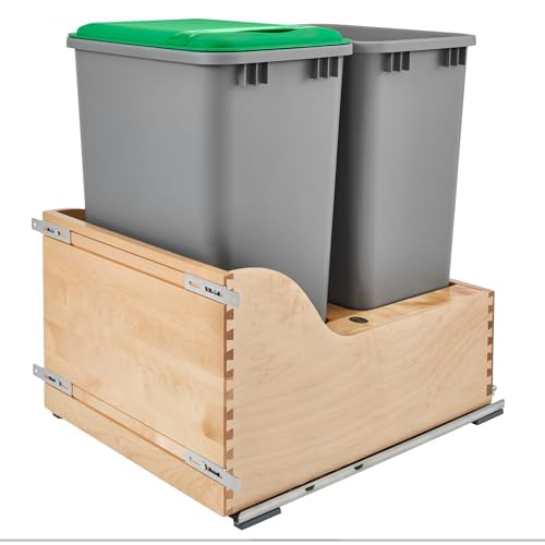 Rev-A-Shelf Double Pullout Trash Can, Min Cabinet Opening 18" W, 50 Qt | w/ Soft-Close, Under Cabinet Waste/Recycling Bin w/ Lid, Silver, 4WCSC-2150DM-2