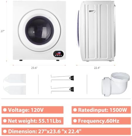 Euhomy Compact Laundry Dryer, 3.5 cu ft Front Load Stainless Steel Clothes Dryers With Exhaust Pipe, 1500W