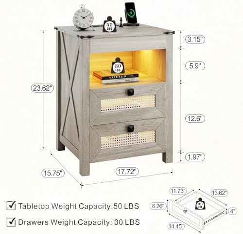LED Night Stand with Gun Drawer & Charging Station | Human Sensor Lights, Hidden Storage, Farmhouse Rattan Style, 3 Drawers, Bedside Table for Bedroom, End Tables Livingroom