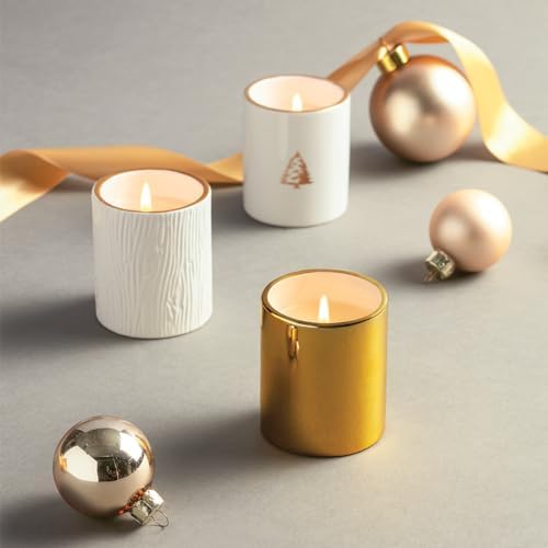 Thymes Frasier Fir Votive Candles - Gilded Collection - Crisp Just-Cut Forest Fragrance - Set of Three Holiday Candles - Wood Grain, Gold