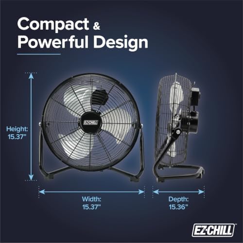 EZ-CHILL 12” Cradle Floor Fan, 3 Speed, High Velocity, 180 Degree Adjustable Tilt, All-Metal, Carry Handle, Rubber Feet, Airflow 15.42 ft/sec, Ideal for Home, Bedroom & Office, Black