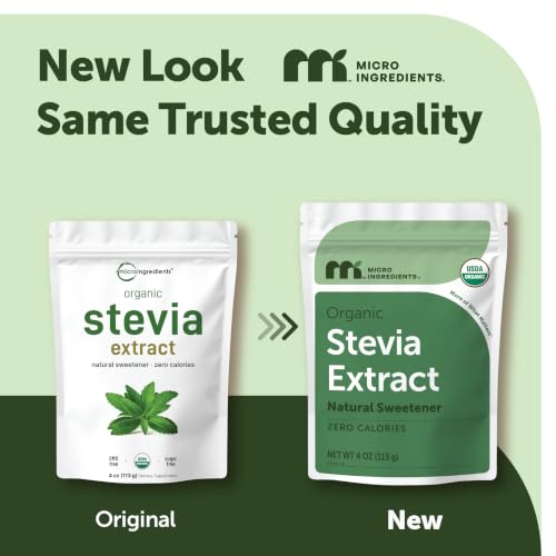 Micro Ingredients Pure Organic Stevia Powder, 8 Ounces, 1418 Serving, Highest Grade Green Leaf Extract Reb-A, Reduced Bitter Aftertaste, 0 Calorie, Natural Sweetener, Sugar Alternative, Keto Friendly