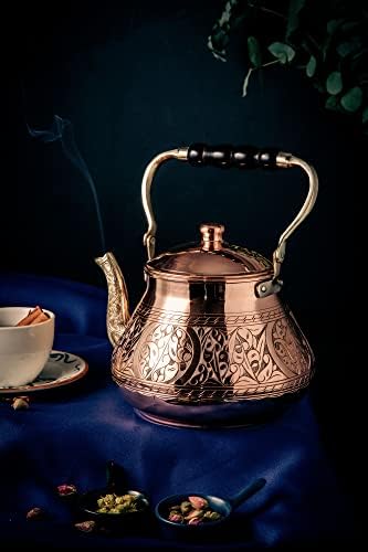 DEMMEX Large Copper Teapot, 1mm Thick, Engraved, Handcrafted in Turkey, 3.1 Quarts (2.9L)