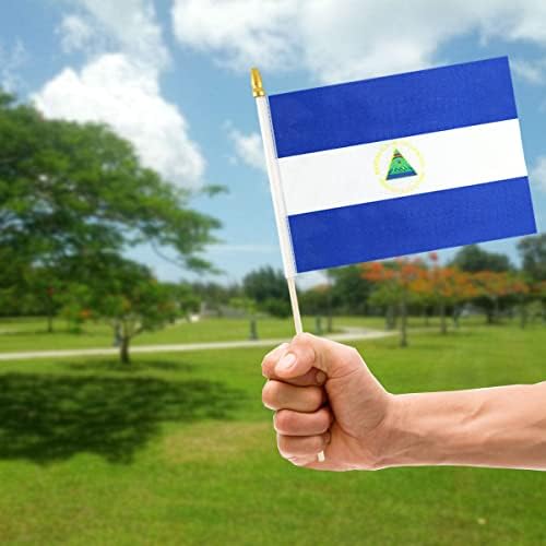 QQSD Nicaragua Small Flag Nicaraguan Stick Mini Hand Held Flags - Solid Wooden Pole with Spear Top, 12 Pack