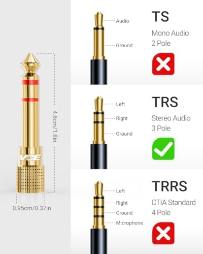 VCE 3.5mm to 1/4 Adapter Stereo Headphone Adapter, 24K Gold-Plated, 2-Pack | Seamless Audio Connection, Premium Sound Fidelity, Secure TRS Connection for Aux Cable, Guitar Amplifier, Headphone