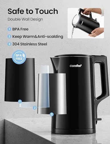 Comfee 1.7L Stainless Steel Electric Tea Kettle, BPA-Free Hot Water Boiler, Cordless with LED Light, Auto Shut-Off and Boil-Dry Protection