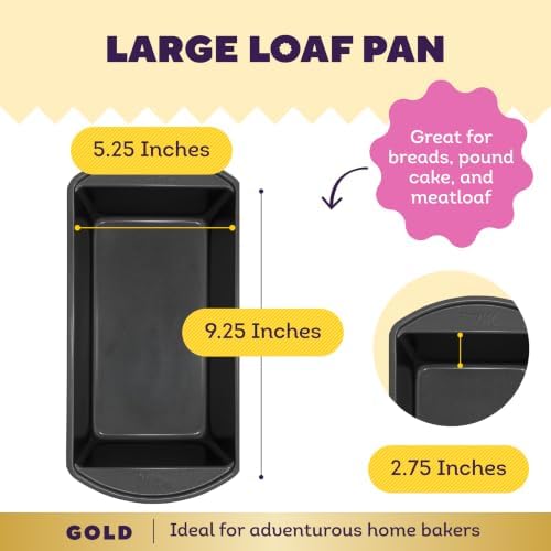 Wilton Gold Non-Stick Loaf Pan, Made Without PFAS, 9 x 5 in. | Non-Stick Steel with Scratch-Resistant Coating, Resists Warping & Extended Handles