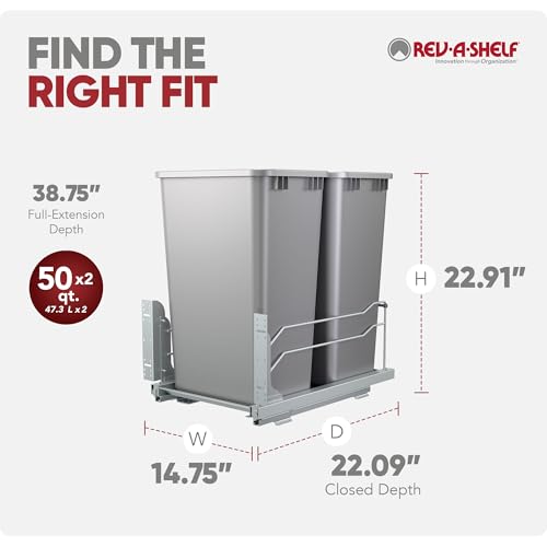 Rev-A-Shelf Double Pullout Trash Can w/Soft-Close Slides, 14.5" Min Opening | Large Capacity Garbage/ Recycling Bins for Full Height Kitchen Cabinets, Heavy Gauge Wire Construction, 53WC-2150SCDM-217