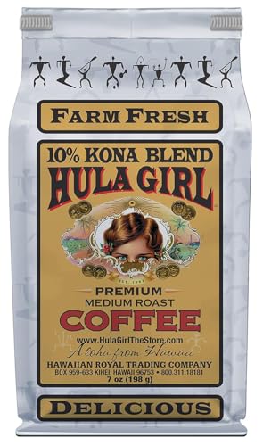 Hula Girl 10% Kona Ground Coffee, Grown in Hawaii, Hand Picked, Sun Dried, Fresh Roasted and Packed in Hawaii for 30 years, 7 Ounce