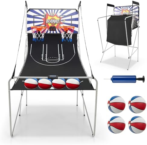 GYMAX Arcade Basketball Game Indoor Foldable with 8 Game Modes, Arcade Sound, 4 Balls and Inflation Pump, Electronic Basketball Games for All Ages Home