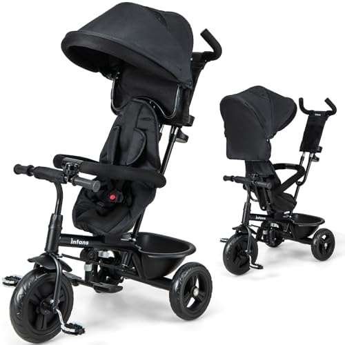 INFANS Kids Tricycle, 6 in 1 Stroll Trike with Adjustable Push Handle, Removable Canopy, Retractable Foot Plate, Lockable Pedal, Detachable Guardrail, Suitable for 10 Months to 5 Years (Blue)