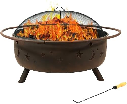 Sunnydaze Cosmic 42" Large Outdoor Fire Pit, Wood Burning, 34" Bowl Dia | Bronze, Heavy Duty Steel Metal, Includes Spark Screen, Wood Grate, & Poker, Round Backyard Firepit for Outside, Patio, Deck