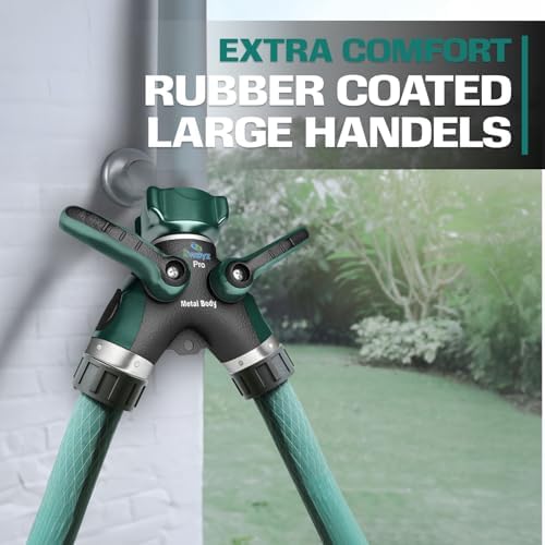 Hose Splitter 2 Way Heavy Duty Outdoor Faucet and Garden Connector - Water Spigot Splitter - Durable All-Metal Y Adapter with Shut-Off Valve - 4 x 4 x 1.5 Inches