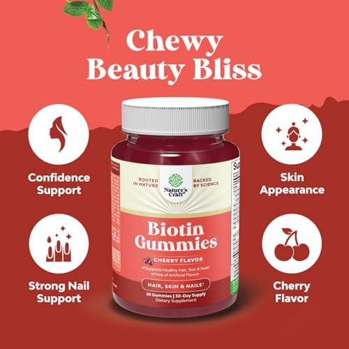 Natural Biotin Gummies for Hair Growth - Vitamins Skin and Nails Women Men with Pantothenic Acid - 60 Count