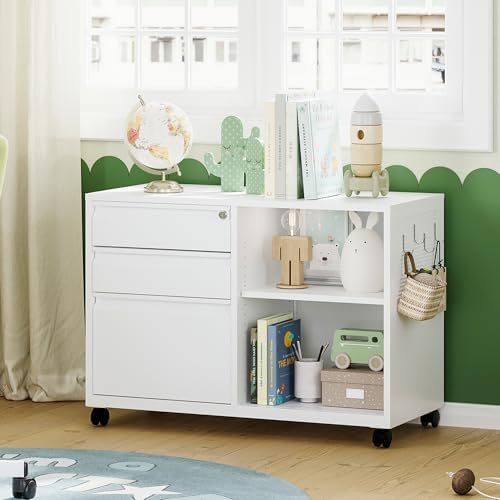 Mobile 3 Drawer File Cabinet with Lock-Metal Lateral Rolling Printer Stand Filing Cabinets for Home Office-Storage A4/F4/Letter (White)