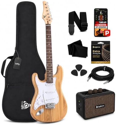 Pyle Electric Guitar and Amp Kit - Full Size 39" Complete Starter Kit with Wearable Bluetooth Amplifier, 1/4” Cable, Carry Case, Strap, Strings, Picks, Cleaning Cloth, ST-Style Pickups (Black)