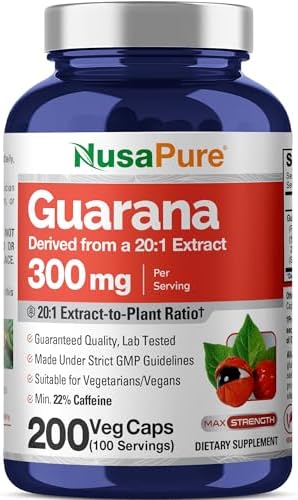 Guarana seed, Non-GMO, Vegan, 300mg, 200 Veggie Capsules - 100 Servings | Plant Based, 20:1 Paullinia cupana Extract, 22% Caffeine
