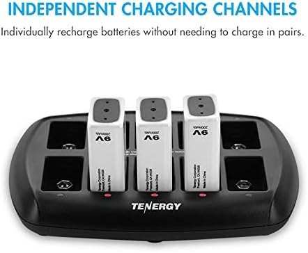 Tenergy 9V Batteries 600mAh 10PCS Li-ion 9 Volt Rechargeable Batteries with 10-Slot Li-ion 9V Battery Charger for Smoke Alarm/Detector