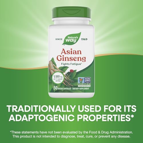 Nature's Way Asian Ginseng, Fights Fatigue*, 1,120mg per Serving, 100 ct | Dietary Supplement, Non-GMO Project Verified, Vegan Capsules