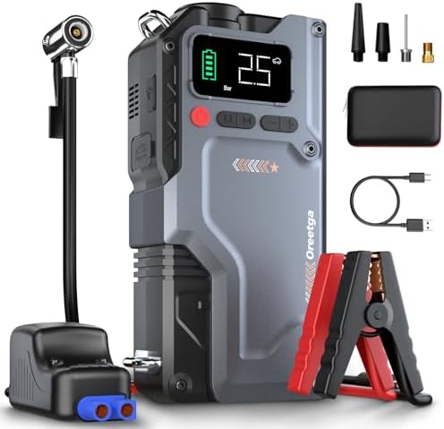 9000A Car Battery Charger Jump Starter with Air Compressor, 150PSI Tire Inflator Air Pump(All Gas/16L Diesel)
