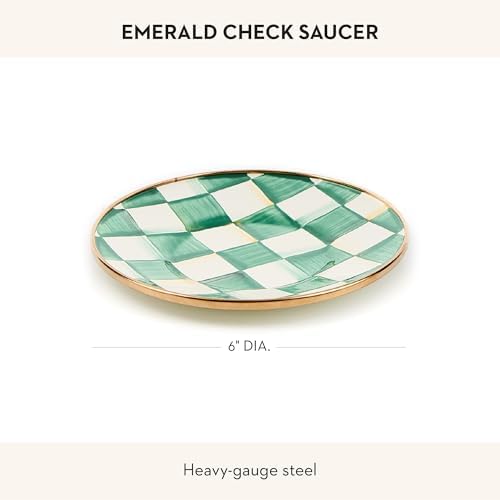 MACKENZIE-CHILDS Enamel Saucer, Black-and-White Courtly Check | Hand-painted design, made from enameled steel, small plate for a coffee cup or teacup, 6" dia.