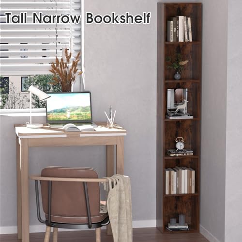6-Tier Tall Narrow Bookshelf, 70.5" Skinny Thin Bookcase, Brown | Corner Shelf Slim Storage Cabinet