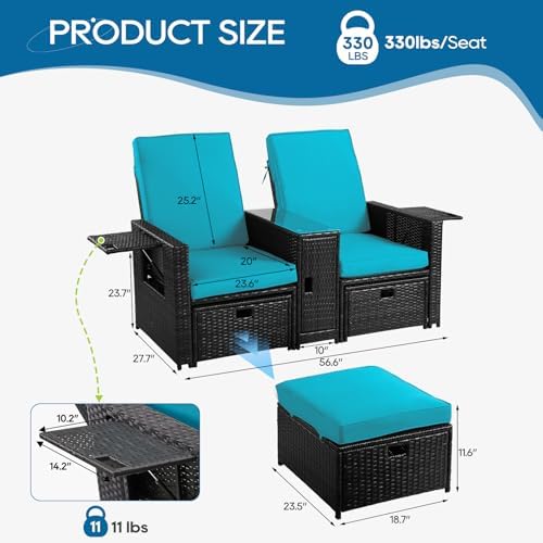 5PCS Outdoor Wicker Chaise Lounge Chair - Rattan Adjustable Reclining Patio Lounge Chair with Ottoman and Coffee Table