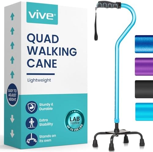 Vive Quad Cane - Walking Stick for Men and Women - Lightweight Adjustable Staff - Comfortable Right and Left Hand Grip for Stability Support - Four Prong Sturdy Aluminum Travel Aid - 4 Tip Blue | Senior 4 Prong Walking Stick for Stability & Balance- Righ…
