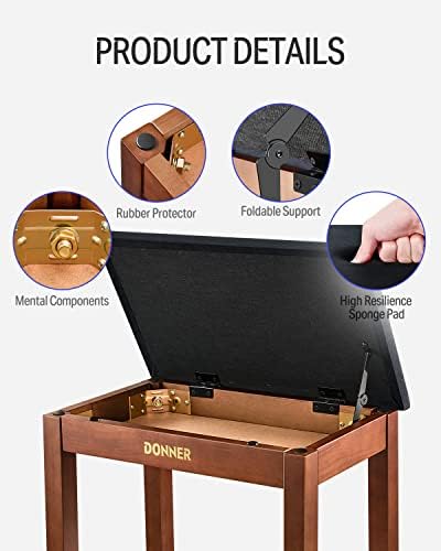 Donner Piano Bench with Storage, Solid Wood Keyboard Bench Piano Bookcase Stool Chair Seat with High-Density Sponges Pad, Black