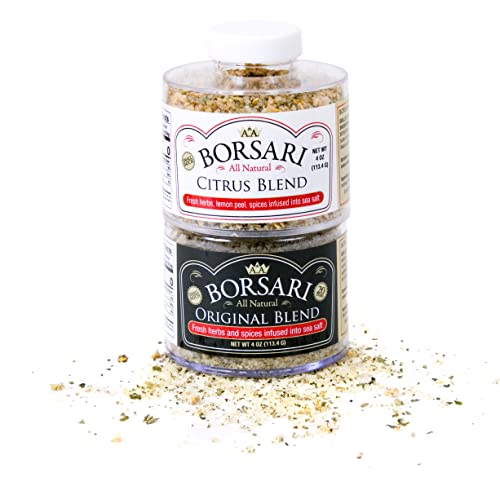 Borsari Seasoned Salt Combo - Multi-Use All Purpose Original and Orange Ginger Seasonings - Gourmet Sea Salt Blends With Herbs and Spices - Set of 2, 4 oz Shaker Bottles
