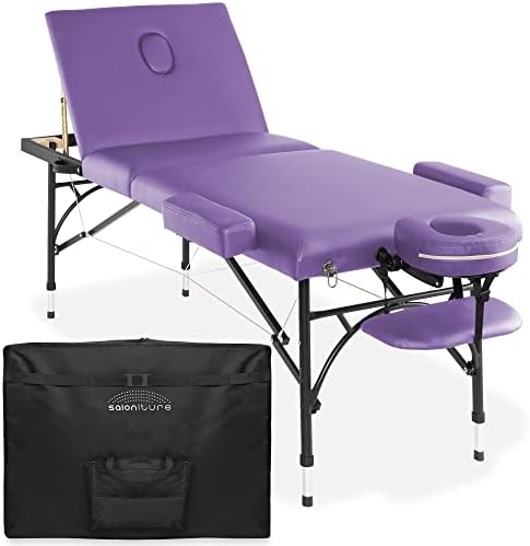 Saloniture Professional Portable Lightweight Tri-Fold Massage Table with Aluminum Legs - Includes Headrest, Face Cradle