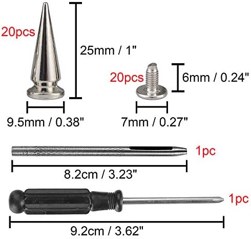 YORANYO 20 Sets 25MM Silver Color Metallic Spikes and Studs 1" Metal Bullet Cone Spikes Screw Back Large Punk Studs and Spikes for Clothing Shoes