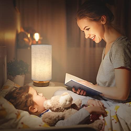 Small Bedside Night Table Lamp for Bedroom, Minimalist Nightstand Lamp with Round Fabric Linen Shade, Study Reading Desk Lamp for Kids Room