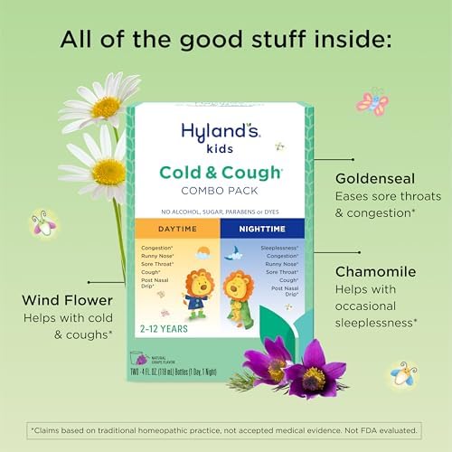 Hyland's Kids Cold and Cough, Day and Night Combo Pack, Cold Medicine for Ages 2 and up, Syrup Cough Medicine for Kids, Nasal Decongestant, 4 Fl Oz (Pack of 2)