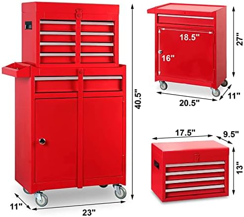 Road DAWG ATBT1204D-Red Torin Rolling Garage Workshop Tool Organizer: Detachable 4 Drawer Tool Chest with Large Storage Cabinet and Adjustable Shelf