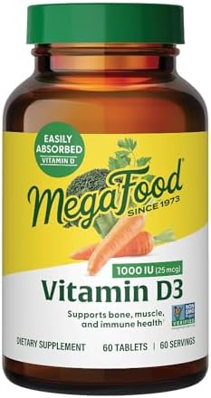 MegaFood Vitamin D3 1000 IU (25 mcg), Bone & Immune Health, 60 Tablets | Vitamin D3 Daily Support for Bone, Teeth, Muscle & Immune Health, Plus Real Food, Non-GMO, Vegetarian, 60 Servings