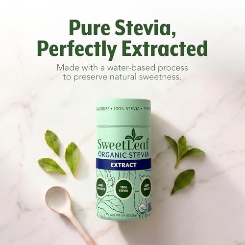 SweetLeaf Organic Pure Stevia Powder Shaker Jar, Sugar Free- 0.9 Oz, 1 Pack | Zero Calorie Sweetener No Erythritol, Stevia Leaf Extract, Natural Sugar Substitute for Coffee & Baking