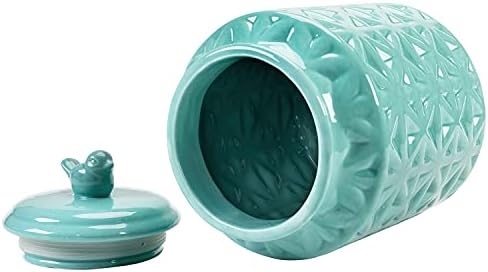MyGift Vintage Turquoise Ceramic Kitchen Jar with Lid, Cookie Jar Storage Containers Airtight with Embossed Star and Bird Design