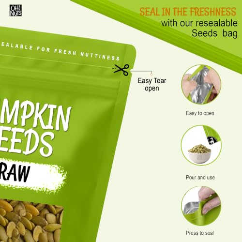 Oh! Nuts Raw Pumpkin Seeds Unsalted Pepitas 1 Pound - 100% Natural | Raw pumpkin seeds unsalted - 100% natural organic pepitas to eat - No shell - Packed in NY - Resealable zip-seal bag