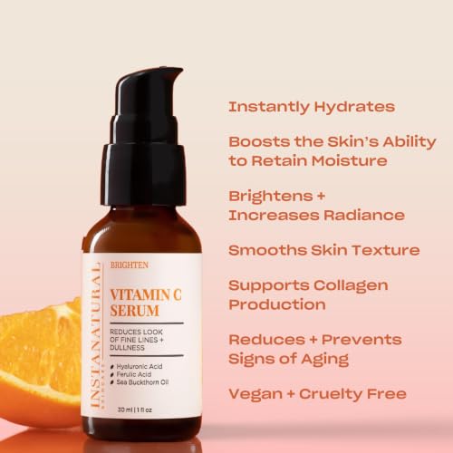 InstaNatural Vitamin C Face Serum, Brightens, Hydrates and Reduces Signs of Aging, with Vitamin C, Hyaluronic and Ferulic Acid, 1 FL Oz | All Skin Types, Brightens, Hydrates, and Reduces Signs of Aging, with Vitamin C, Hyaluronic Acid, and Ferulic Acid